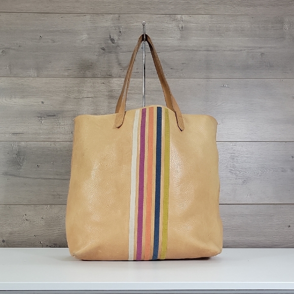 Madewell Handbags - Madewell Tan Leather Embroidered Stripe Tote Bag